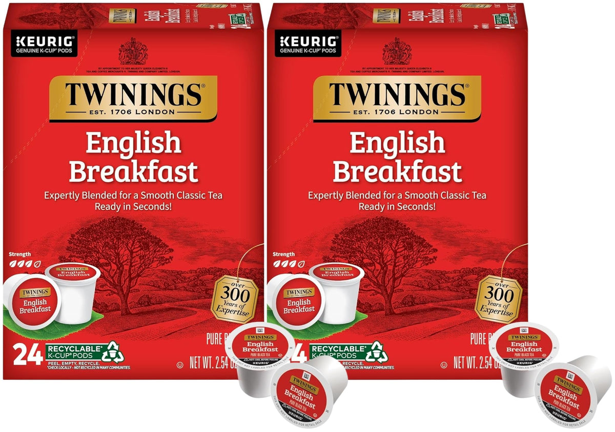 Twinings English Breakfast tea pods box; convenient packaging for busy mornings.