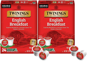 Twinings English Breakfast tea pods box; convenient packaging for busy mornings.