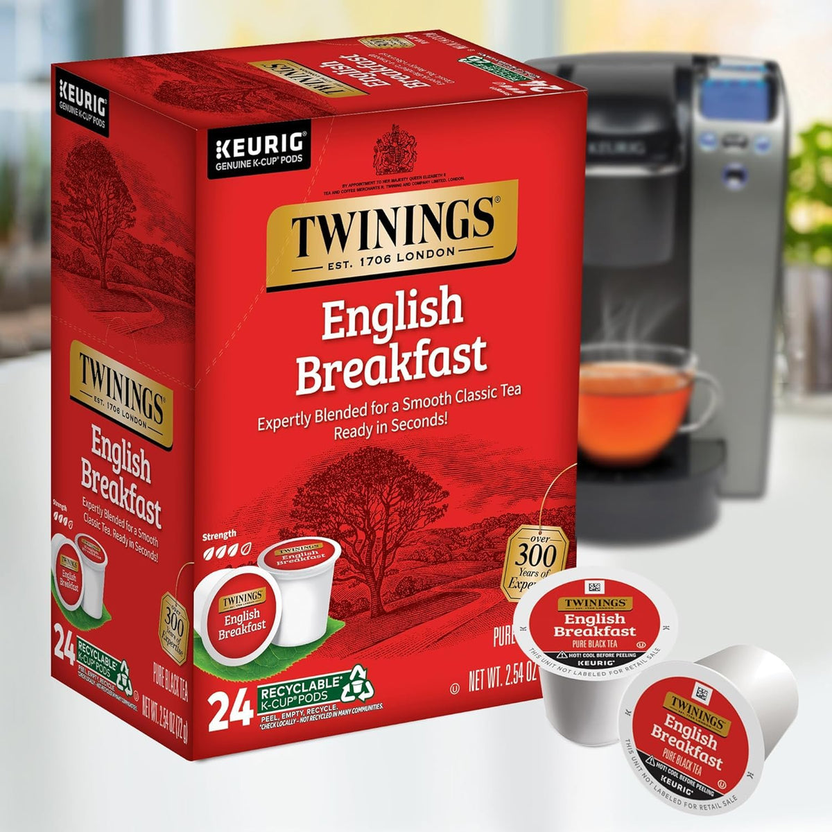 Twinings English Breakfast pods Keurig compatibility; effortless single-serve brewing.