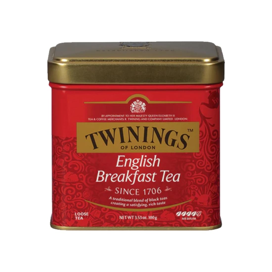 Twinings English Breakfast tin front label shows a robust blend for daily cups