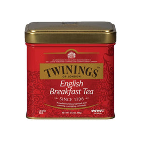Twinings English Breakfast tin front label shows a robust blend for daily cups