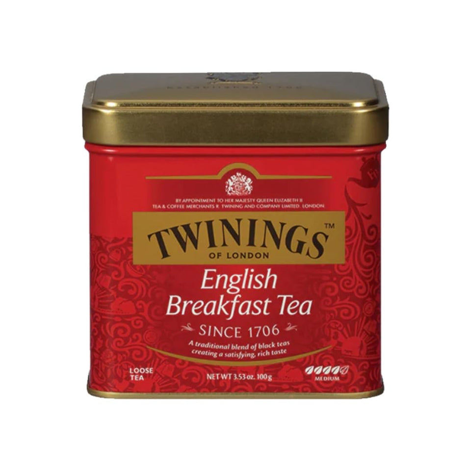 Twinings English Breakfast tin front label shows a robust blend for daily cups
