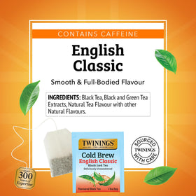Twinings English Classic Cold Brew tea bags pour into a glass for crisp iced tea