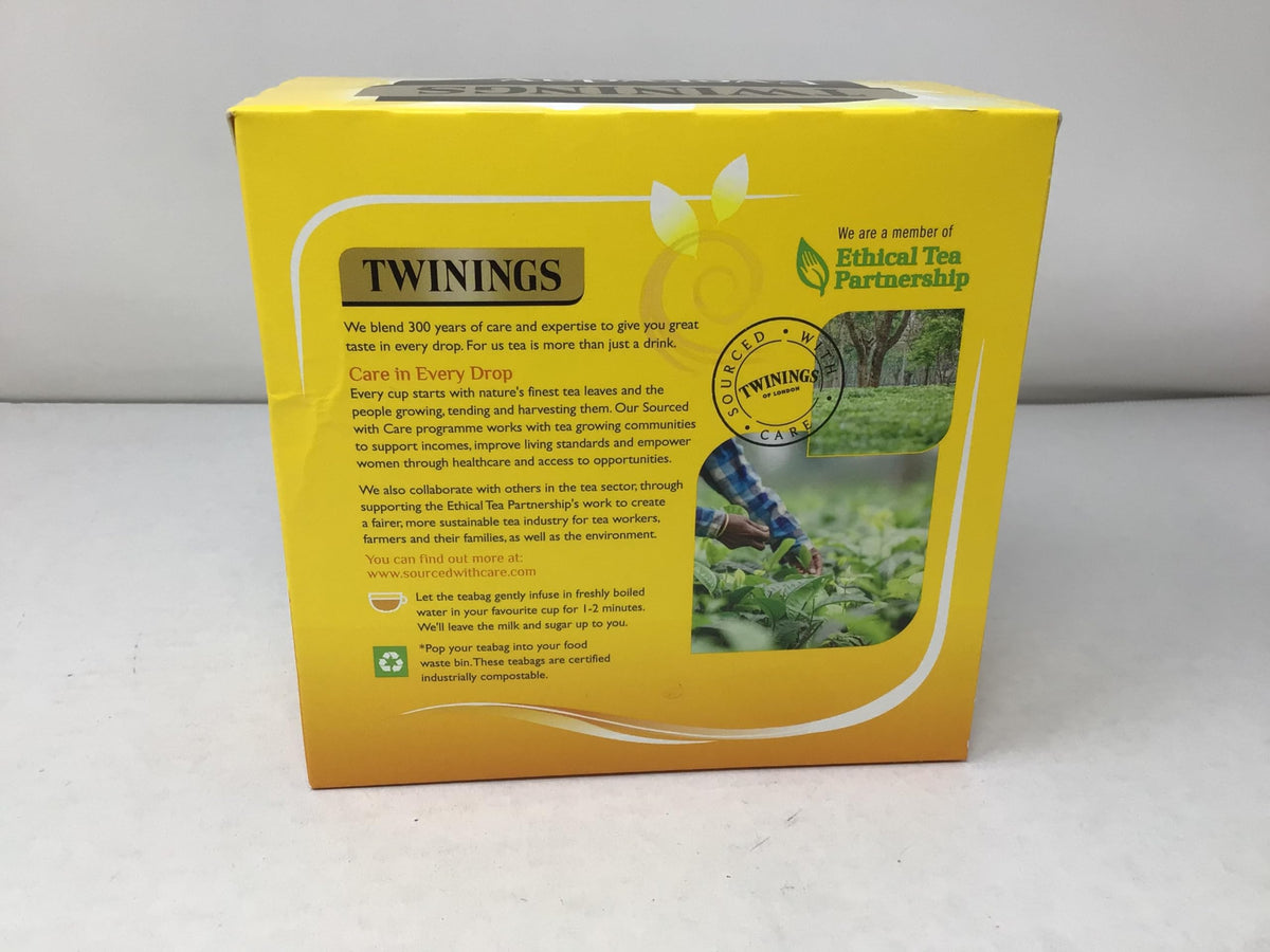 Twinings Everyday box packaging close-up, showcasing recyclables and brand identity