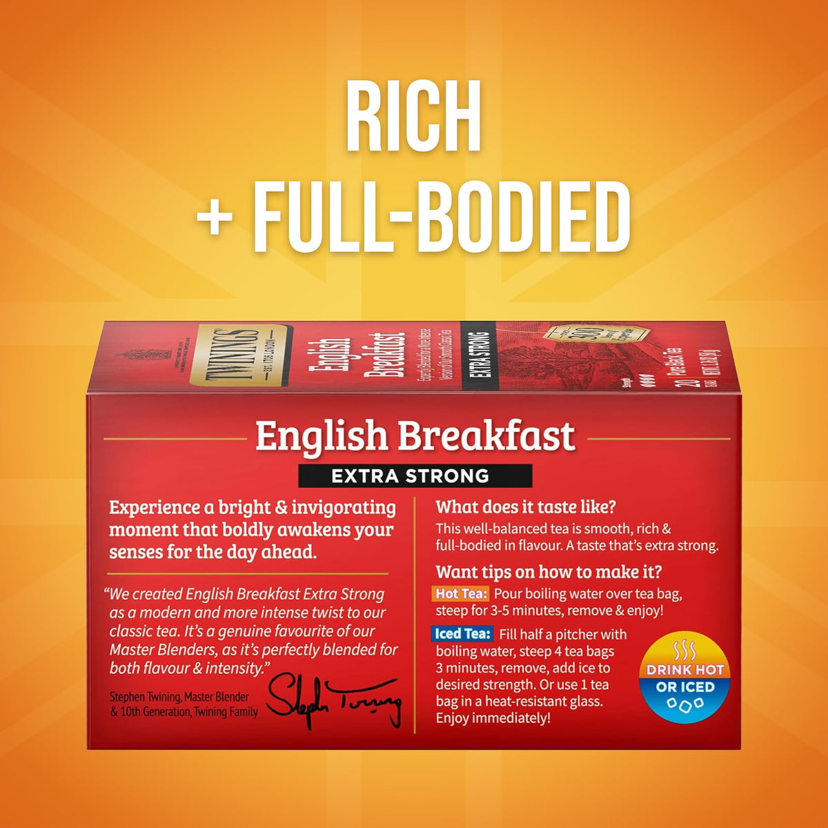 Twinings extra strong English Breakfast tea bags close-up showcasing bold aroma and flavor.