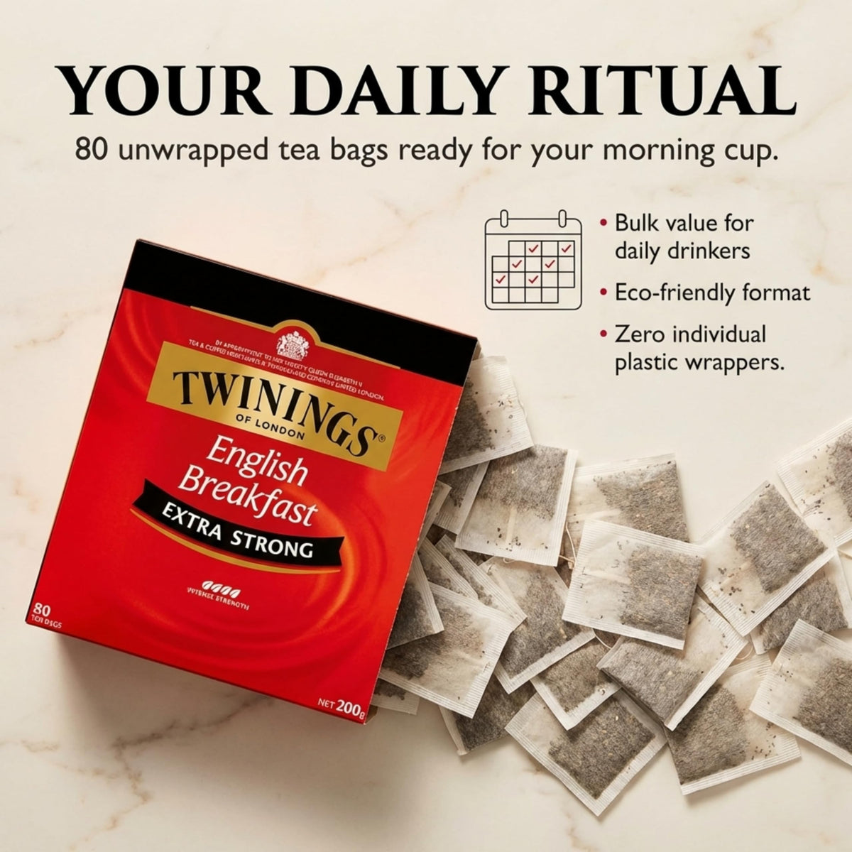 Twinings Extra Strong English Breakfast tea bags steeping for robust satisfying cup