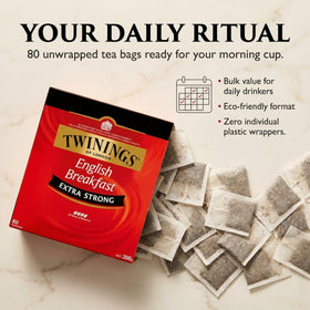 Twinings Extra Strong English Breakfast tea bags steeping for robust satisfying cup
