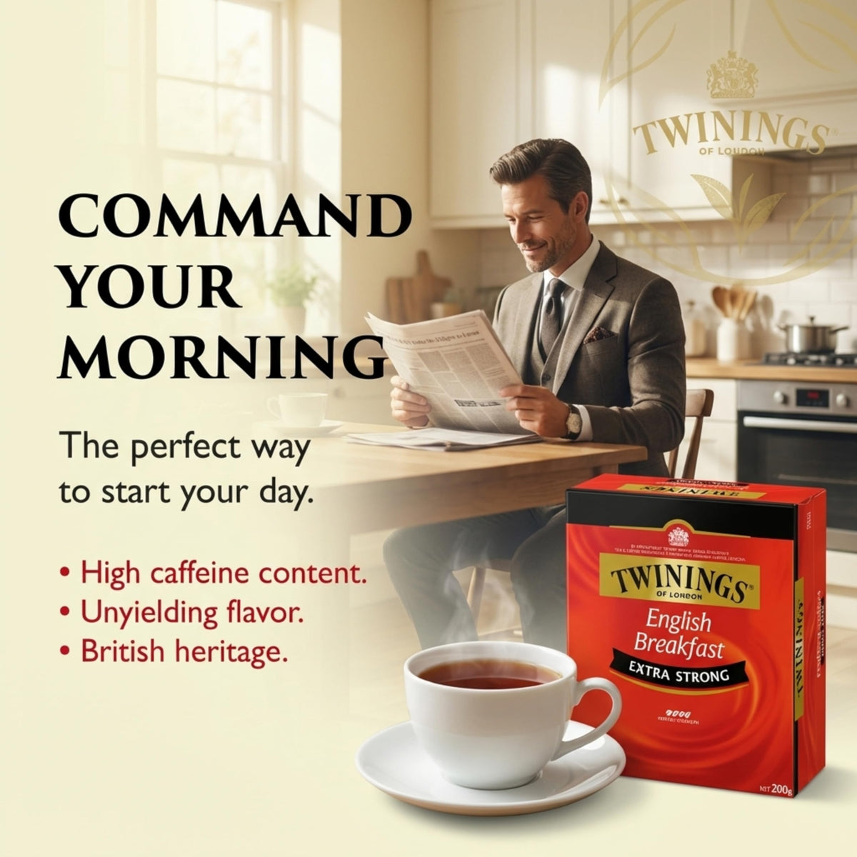 Twinings Extra Strong English Breakfast morning routine image highlighting convenient tea break