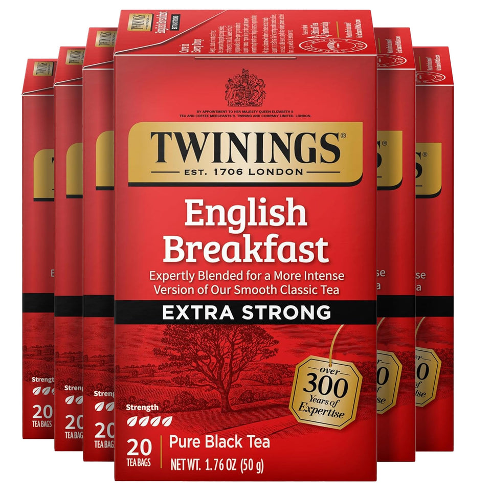 Twinings Extra Strong English Breakfast tea pack ready for a morning ritual boost.