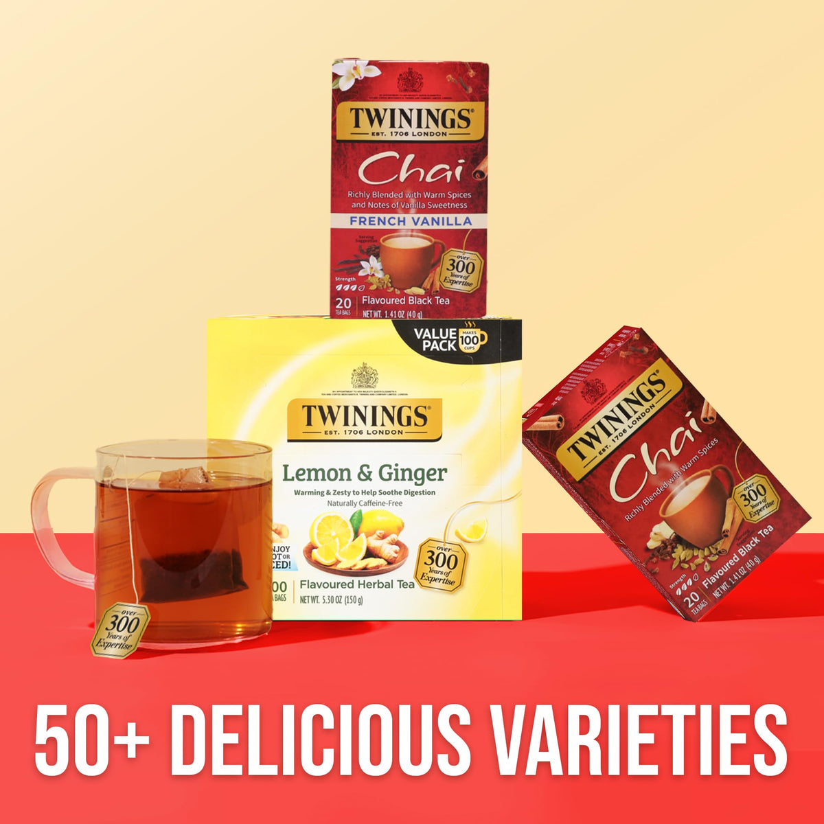 Twinings French Vanilla Chai brew setup shows hot or iced versatility.