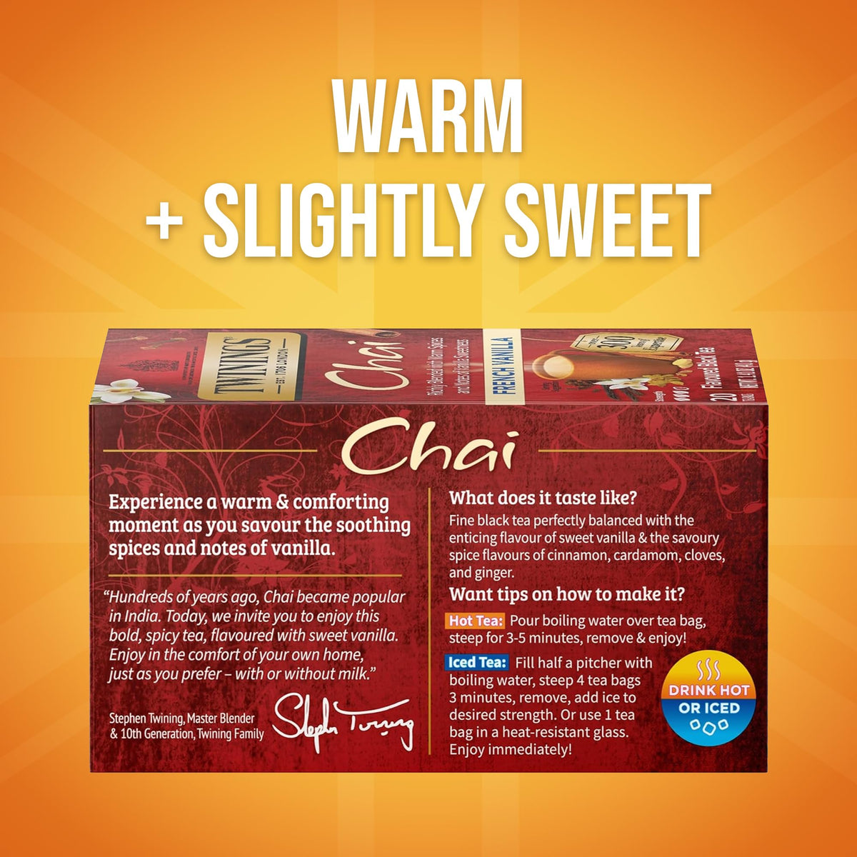 Twinings French Vanilla Chai cup with steam, creamy vanilla notes for cozy evenings.
