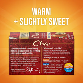 Twinings French Vanilla Chai cup with steam, creamy vanilla notes for cozy evenings.