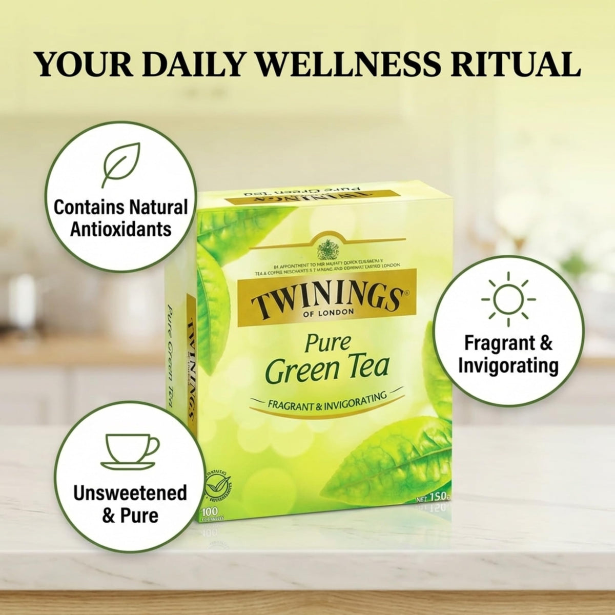 Twinings green tea bag steeping in cup with fresh aroma