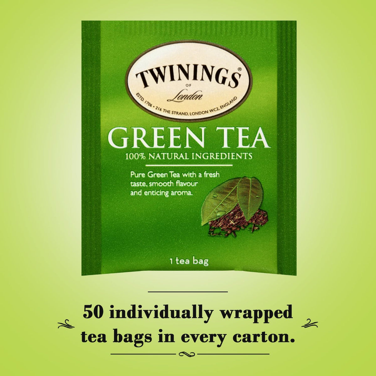 Twinings Green Tea Bags close-up reveals delicate leaves and golden infusion