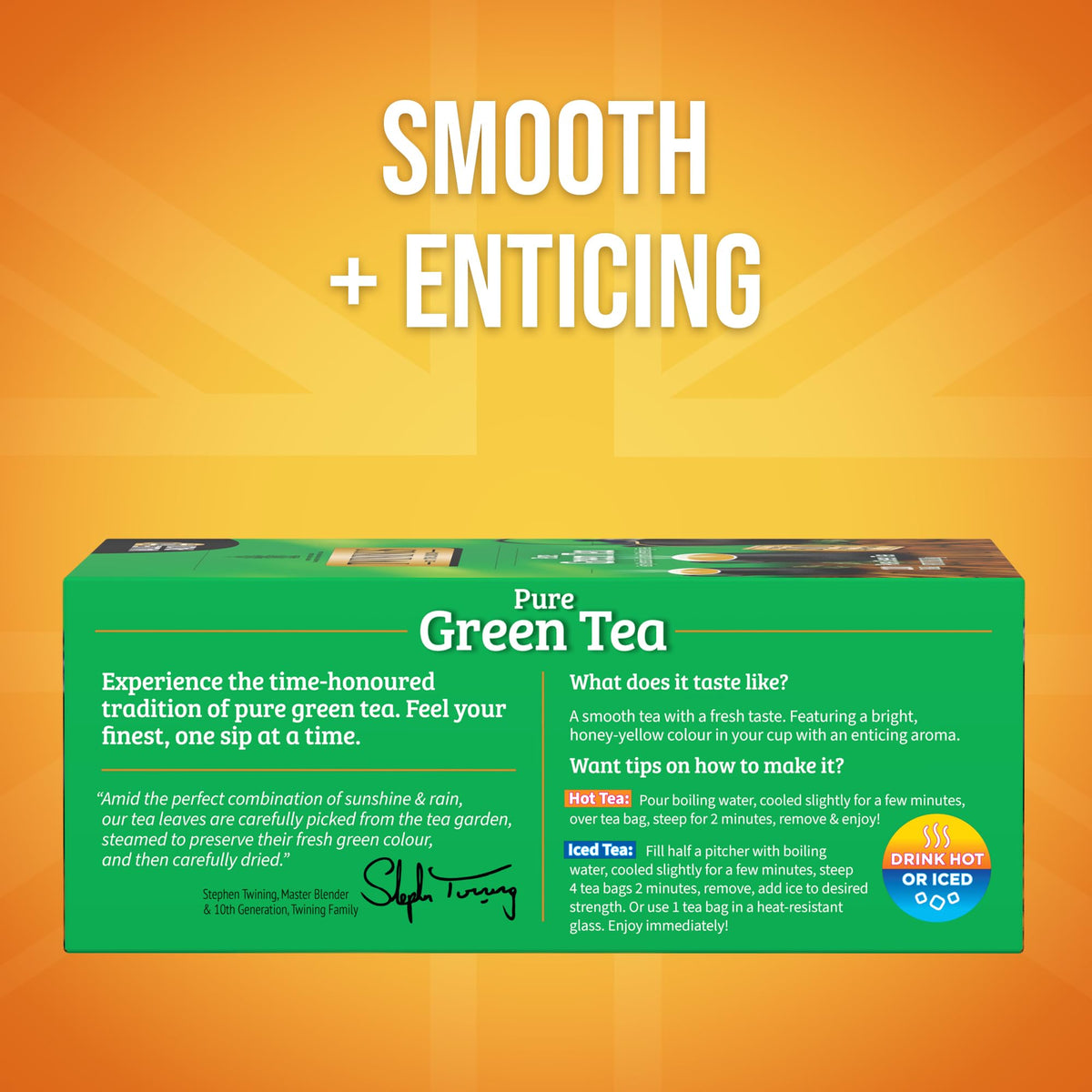 Twinings green tea cup showing bright color and inviting aroma.