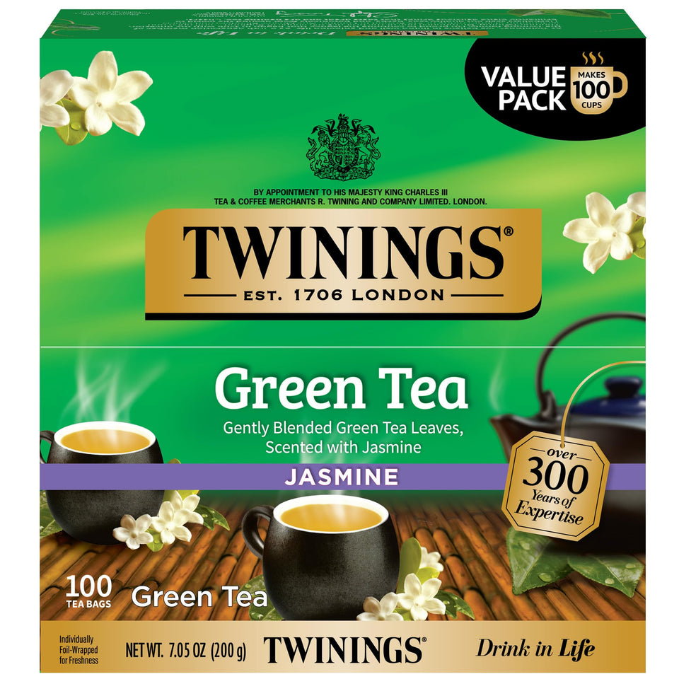 Twinings Green Tea Jasmine packaging with individually wrapped bags for freshness