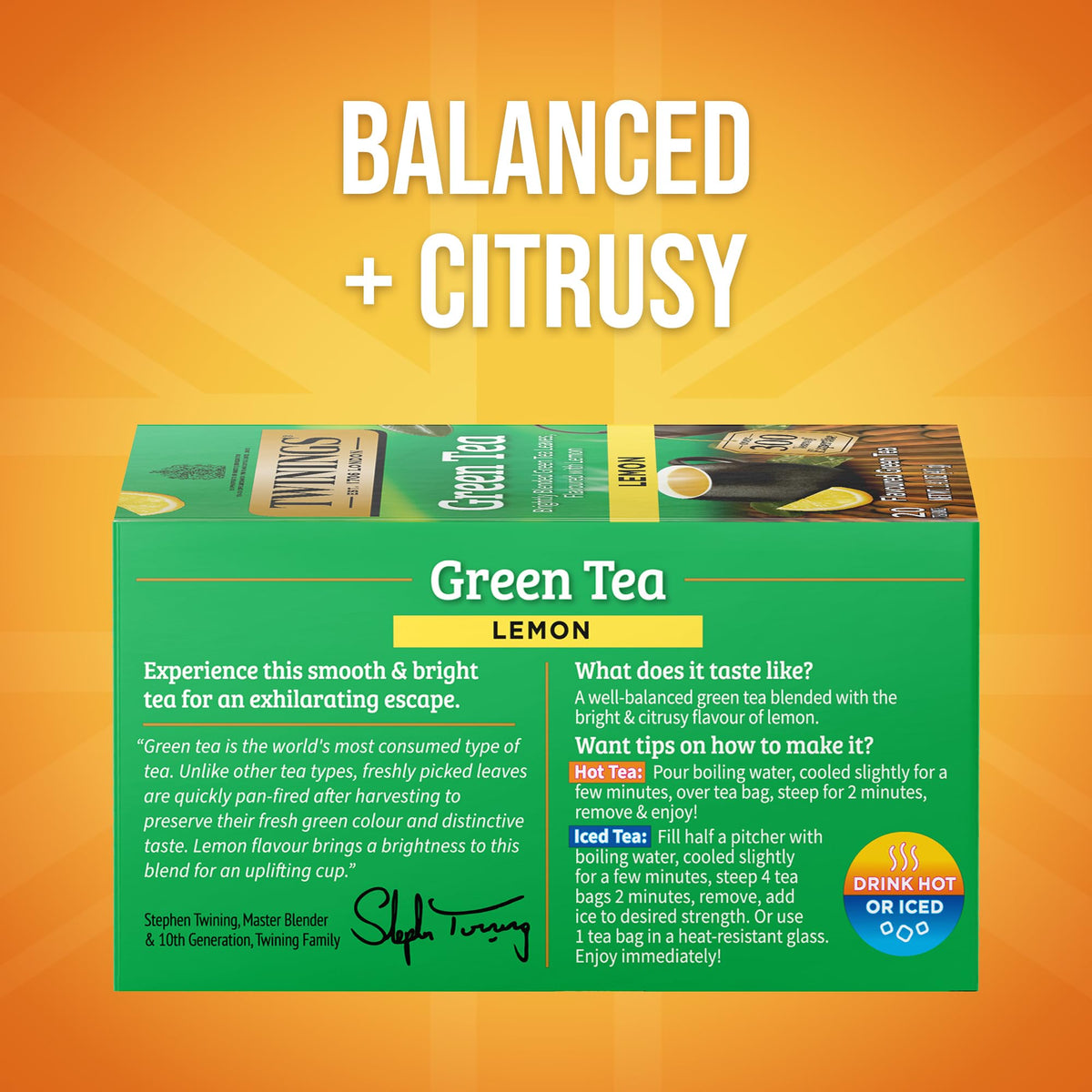 Twinings Green Tea with Lemon tea bags ready to brew on the go.