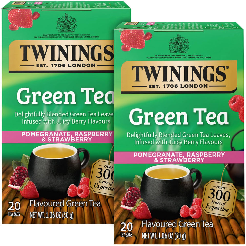 Twinings green tea with pomegranate, raspberry and strawberry tea bags offering a refreshing lift