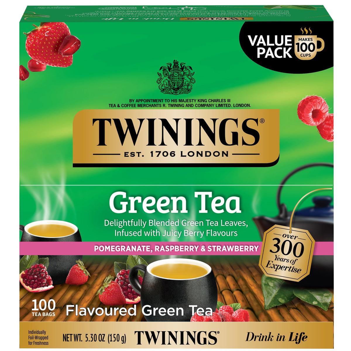 Twinings green tea bags in a box for fresh, fruity flavor.