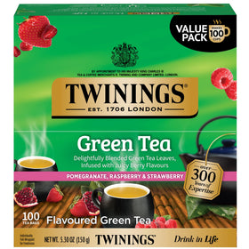 Twinings green tea bags in a box for fresh, fruity flavor.