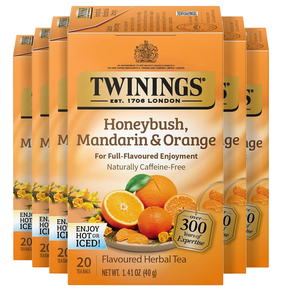 Twinings Honeybush Mandarin Orange tea bags in a box for naturally caffeine-free flavor.
