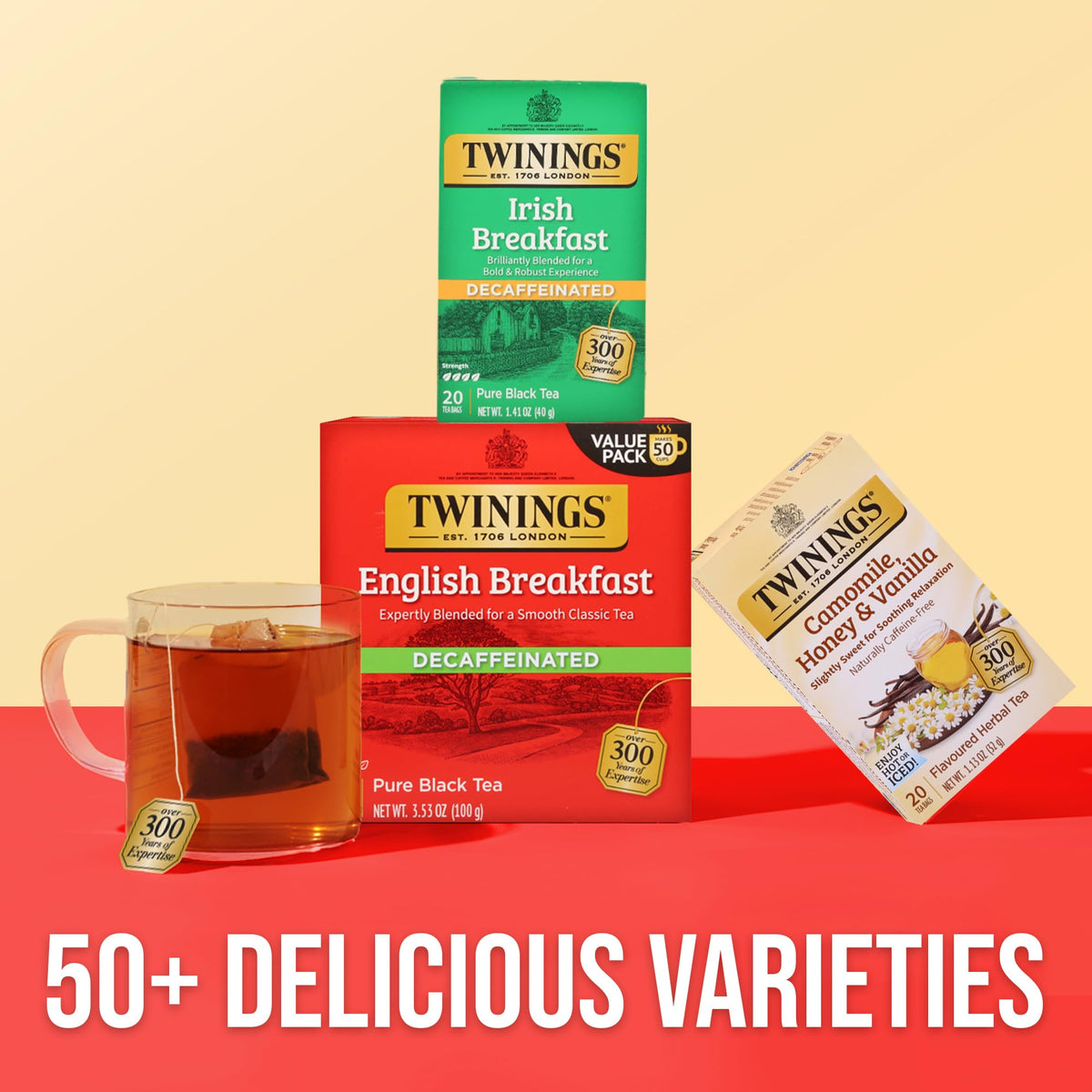 Iced Twinings decaf Irish Breakfast tea in a tall glass.