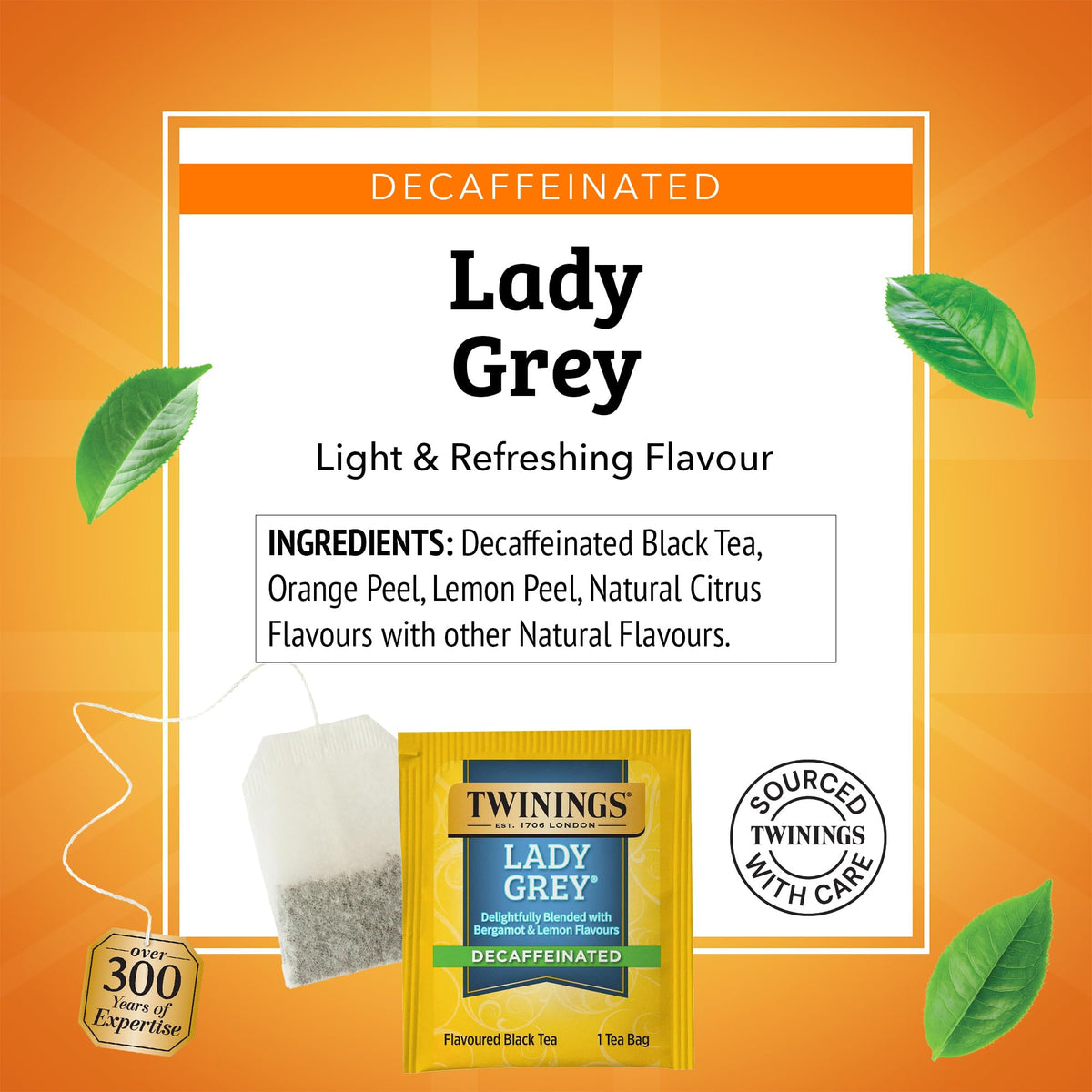 Hot or iced Twinings Lady Grey decaf yields a smooth, citrusy cup.