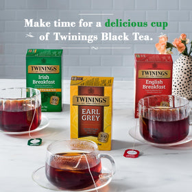 Twinings Irish Breakfast Decaf tea bags in cup with steam