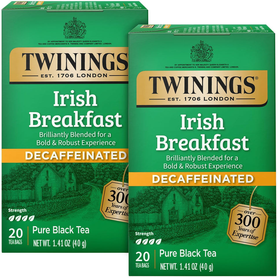 Twinings Irish Breakfast Decaf tea bags packaging in a two-pack box