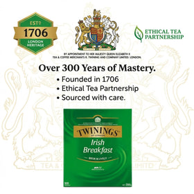 Hot steeped cup of Twinings Irish Breakfast delivering bold flavor.