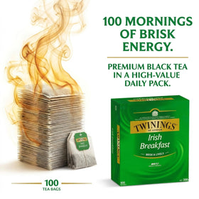 Morning routine shot featuring Twinings Irish Breakfast for a confident start.