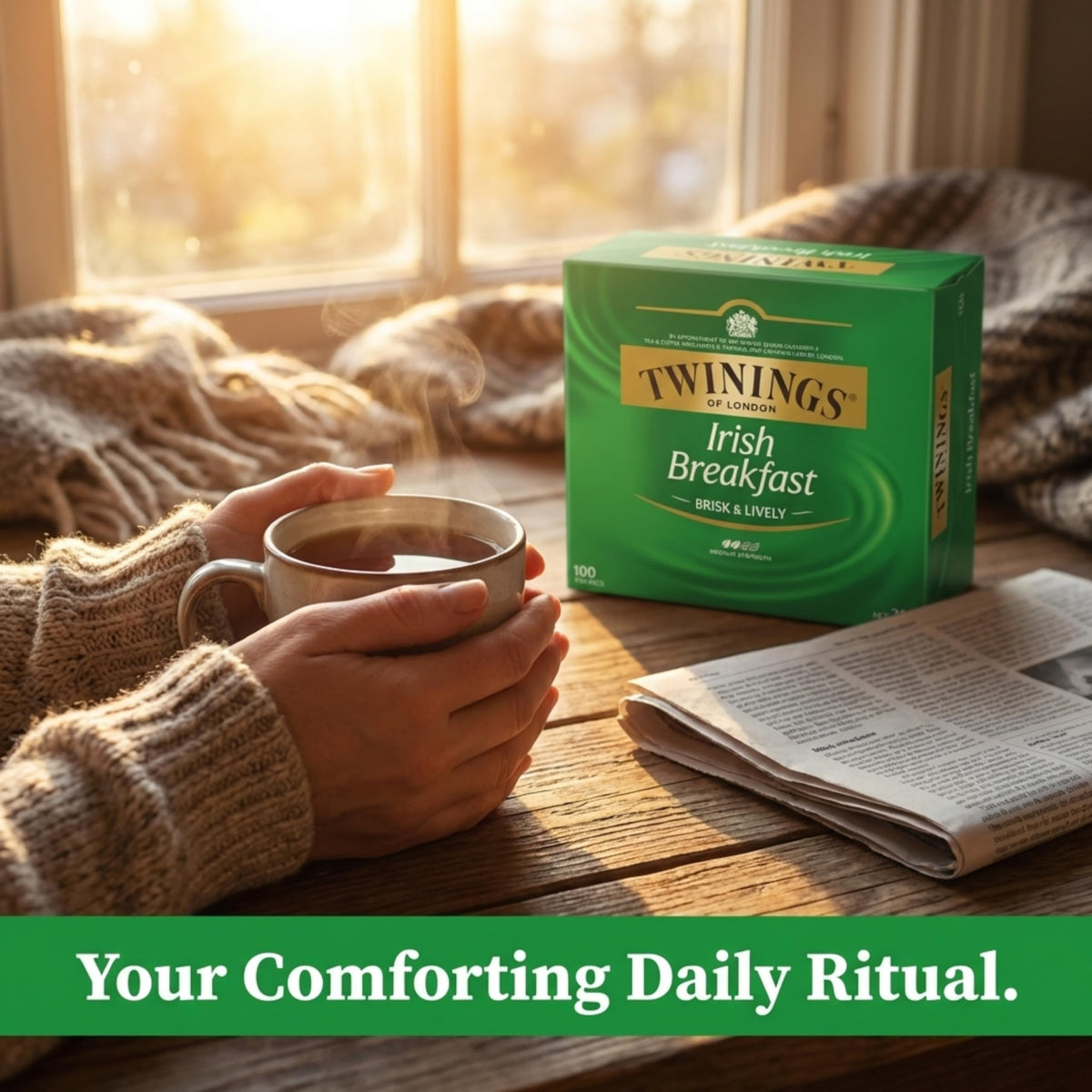 Served mug of Twinings Irish Breakfast ready to energize your morning.