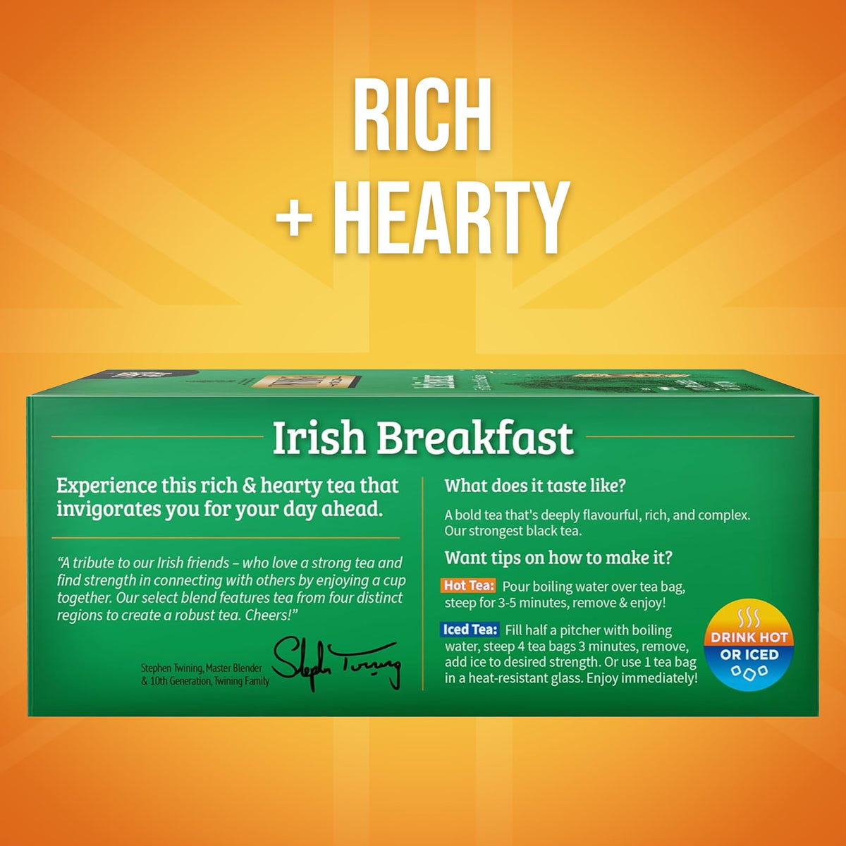 Twinings Irish Breakfast steaming cup highlights rich flavor ideal for fueling mornings.