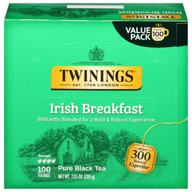 Twinings Irish Breakfast tea bag close-up showing bold aroma for a robust morning cup.