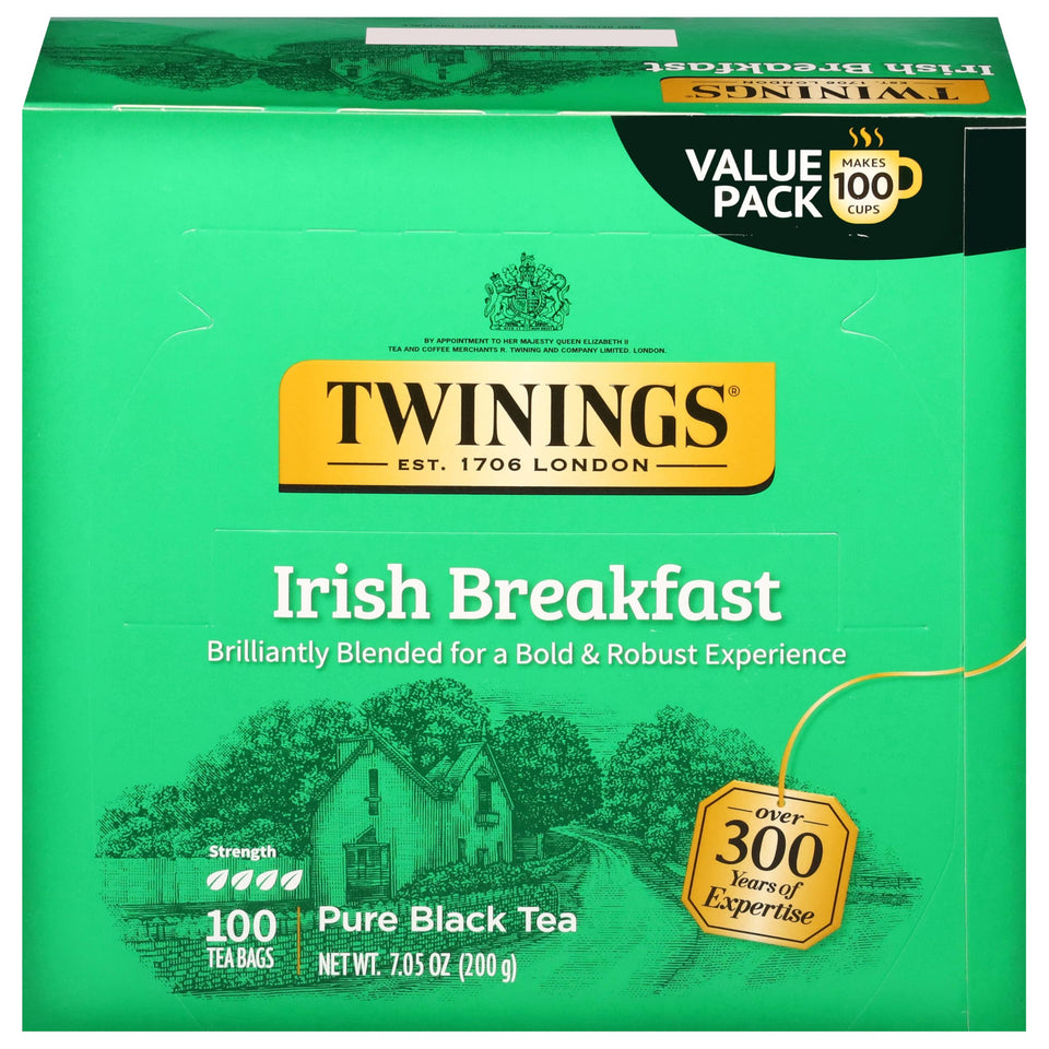 Twinings Irish Breakfast tea bag close-up showing bold aroma for a robust morning cup.