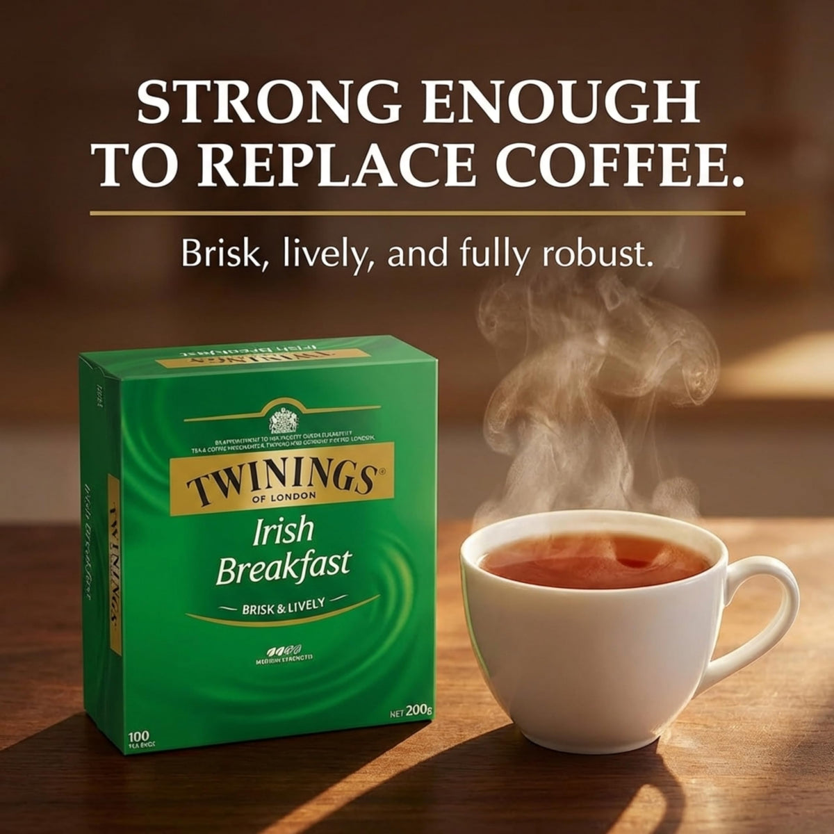 Close-up of Twinings Irish Breakfast tea bags ready to brew a classic brisk cup.