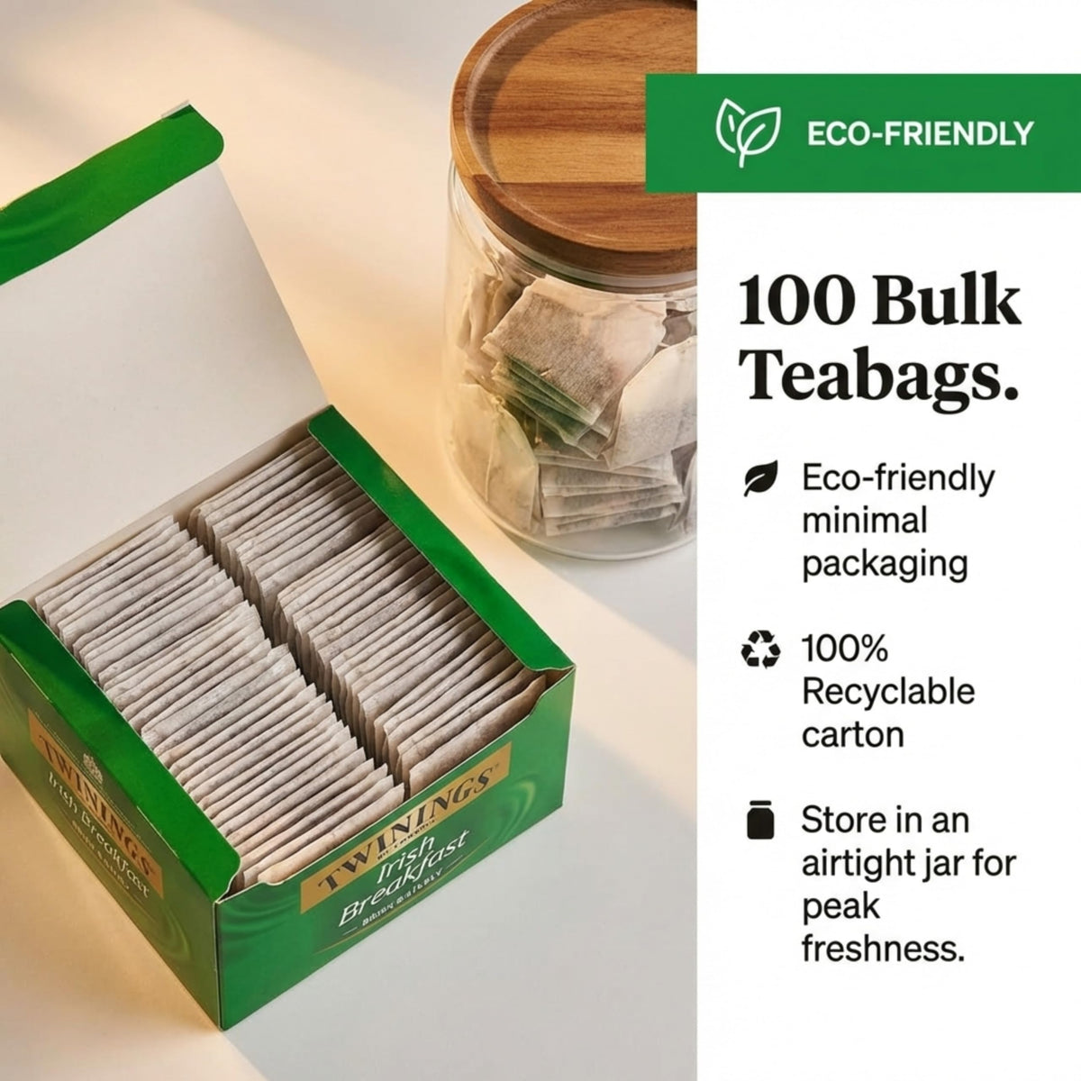Twinings Irish Breakfast box opened, showcasing premium tea bags for everyday ritual.