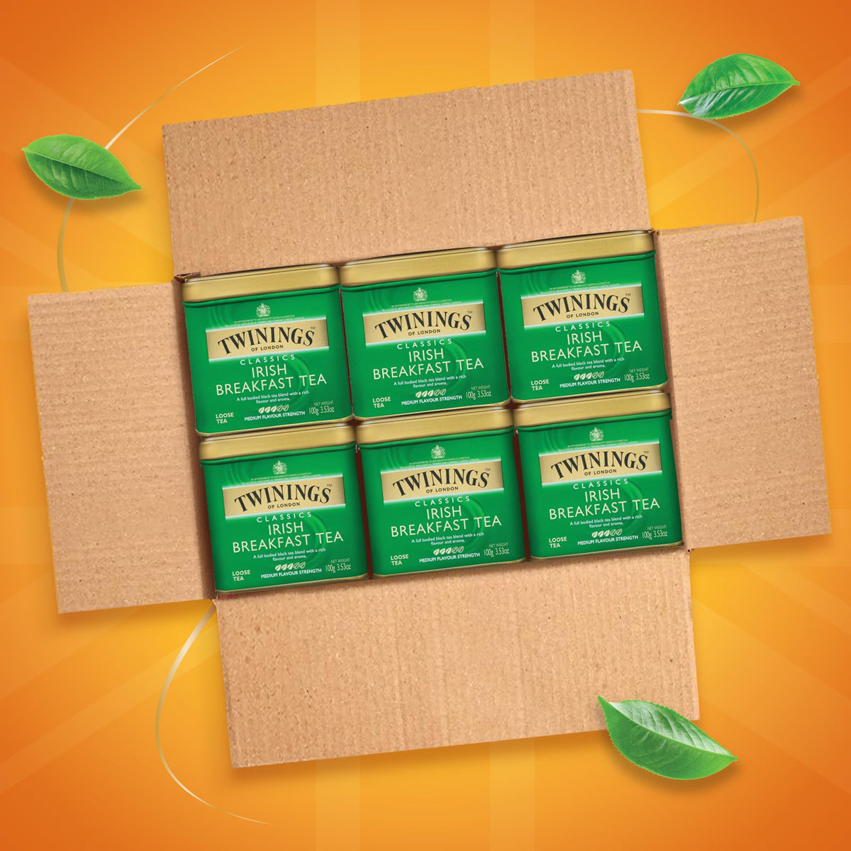 Twinings Irish Breakfast six-tin pack enables convenient daily brewing.