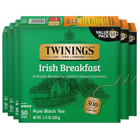 Twinings Irish Breakfast packaging box preserves freshness and signals quality.