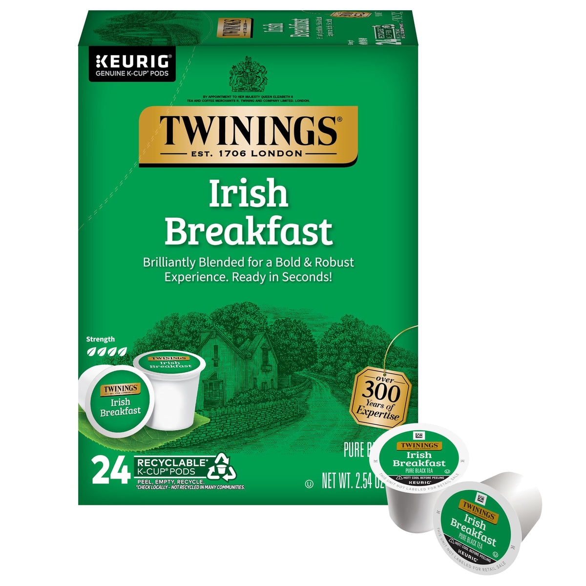 Twinings Irish Breakfast tea pods box for convenient daily caffeine boost.