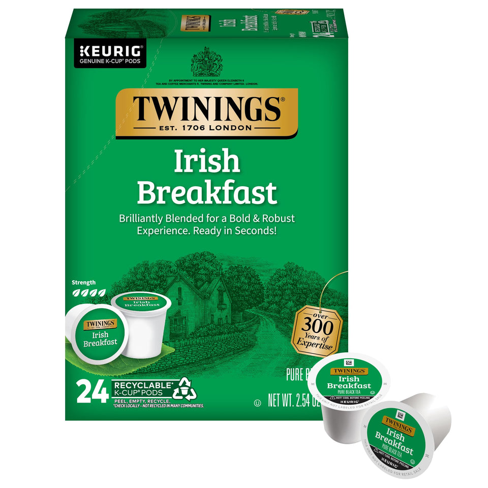 Twinings Irish Breakfast tea pods box for convenient daily caffeine boost.