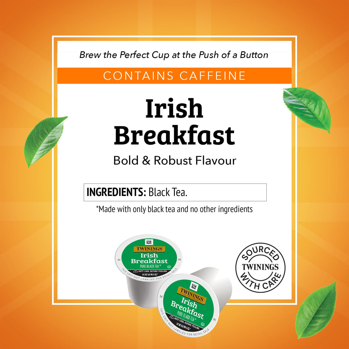 Twinings Irish Breakfast pods arranged for single-serve brewing, convenient caffeinated tea.