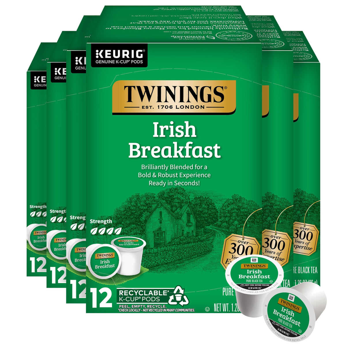 Twinings Irish Breakfast tea pods in pack, convenient Keurig-compatible caffeine boost for hot or iced tea.