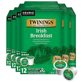 Twinings Irish Breakfast tea pods in pack, convenient Keurig-compatible caffeine boost for hot or iced tea.