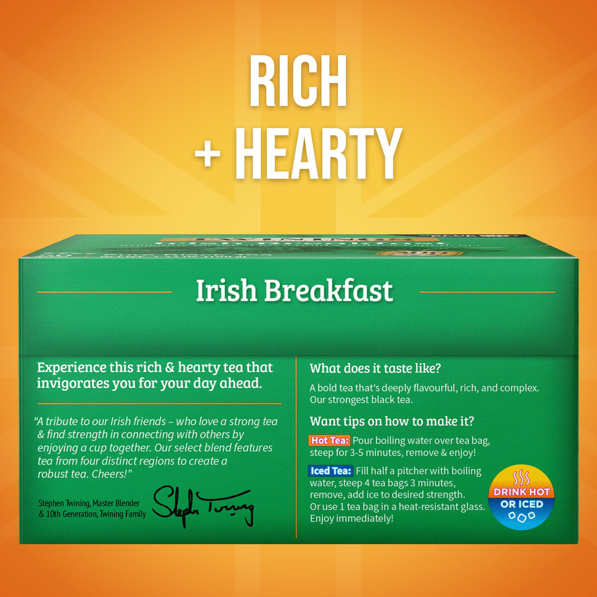 Twinings Irish Breakfast tea bags, individually wrapped for freshness on the go.