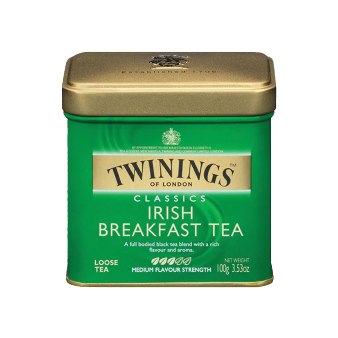 Twinings Irish Breakfast tea tin front shows a robust, hearty black tea.