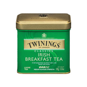 Twinings Irish Breakfast tea tin front shows a robust, hearty black tea.