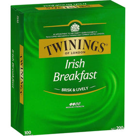 Twinings Irish Breakfast teabags in a 100-pack for a bold morning boost.