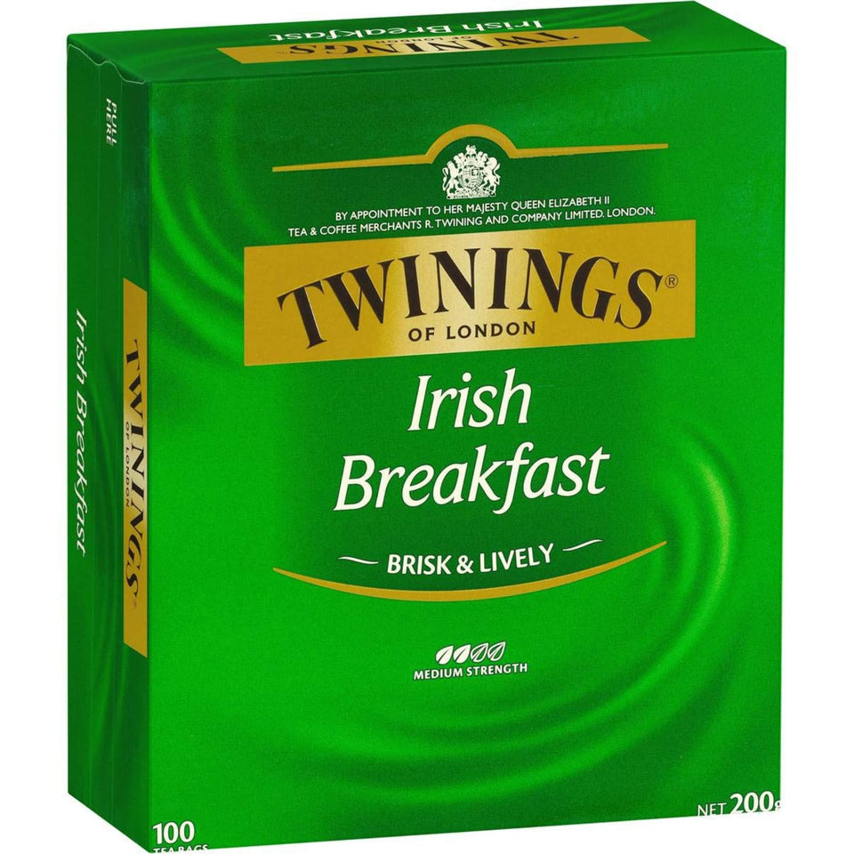 Twinings Irish Breakfast teabags in a 100-pack for a bold morning boost.