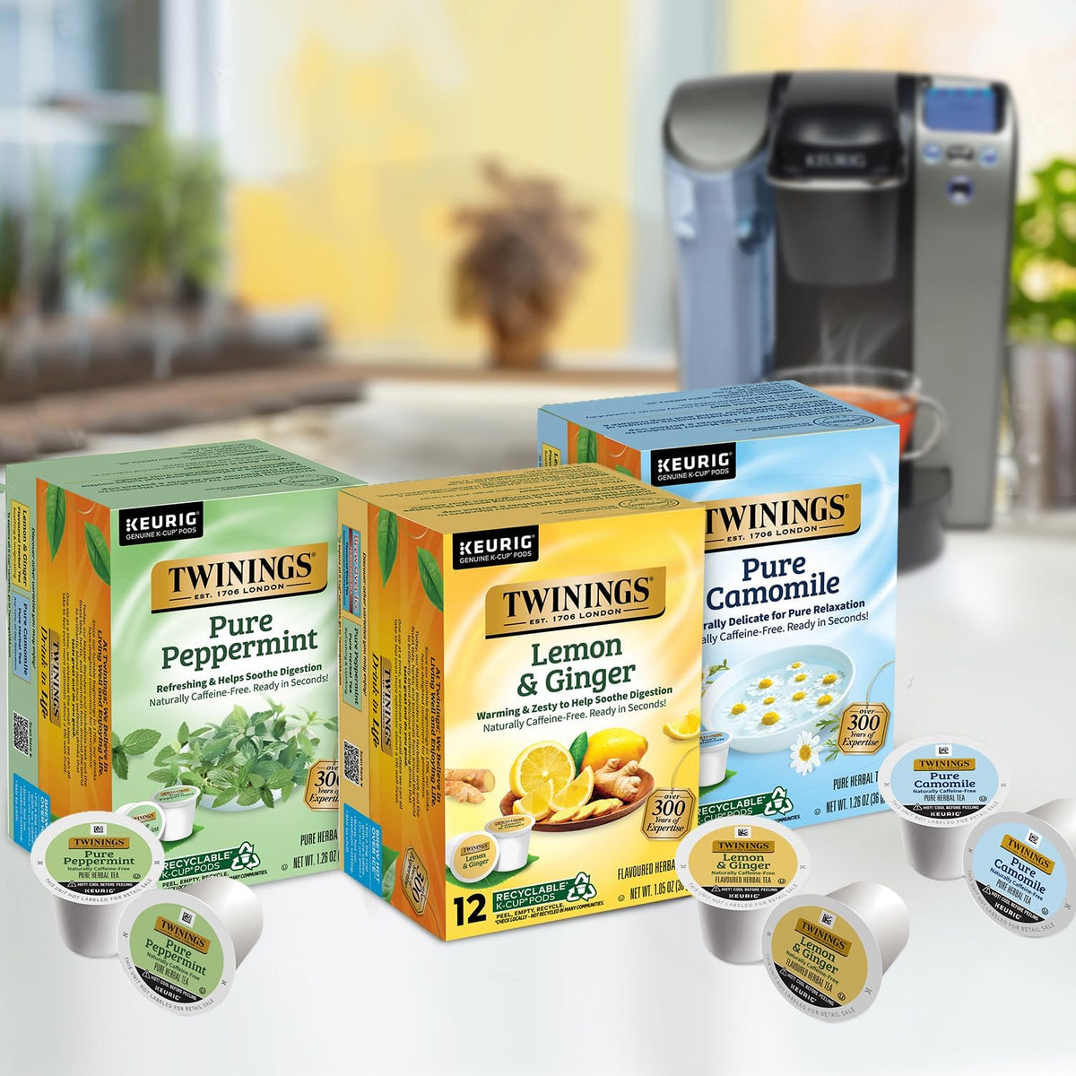 Twinings Keurig K-Cup tea pods brewing for hot or iced herbal tea.